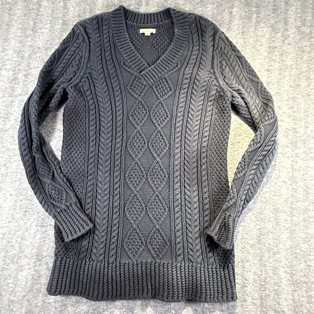 LL Bean Signature Womens Cable Knit Sweater Navy 100% Cotton V-Neck Small